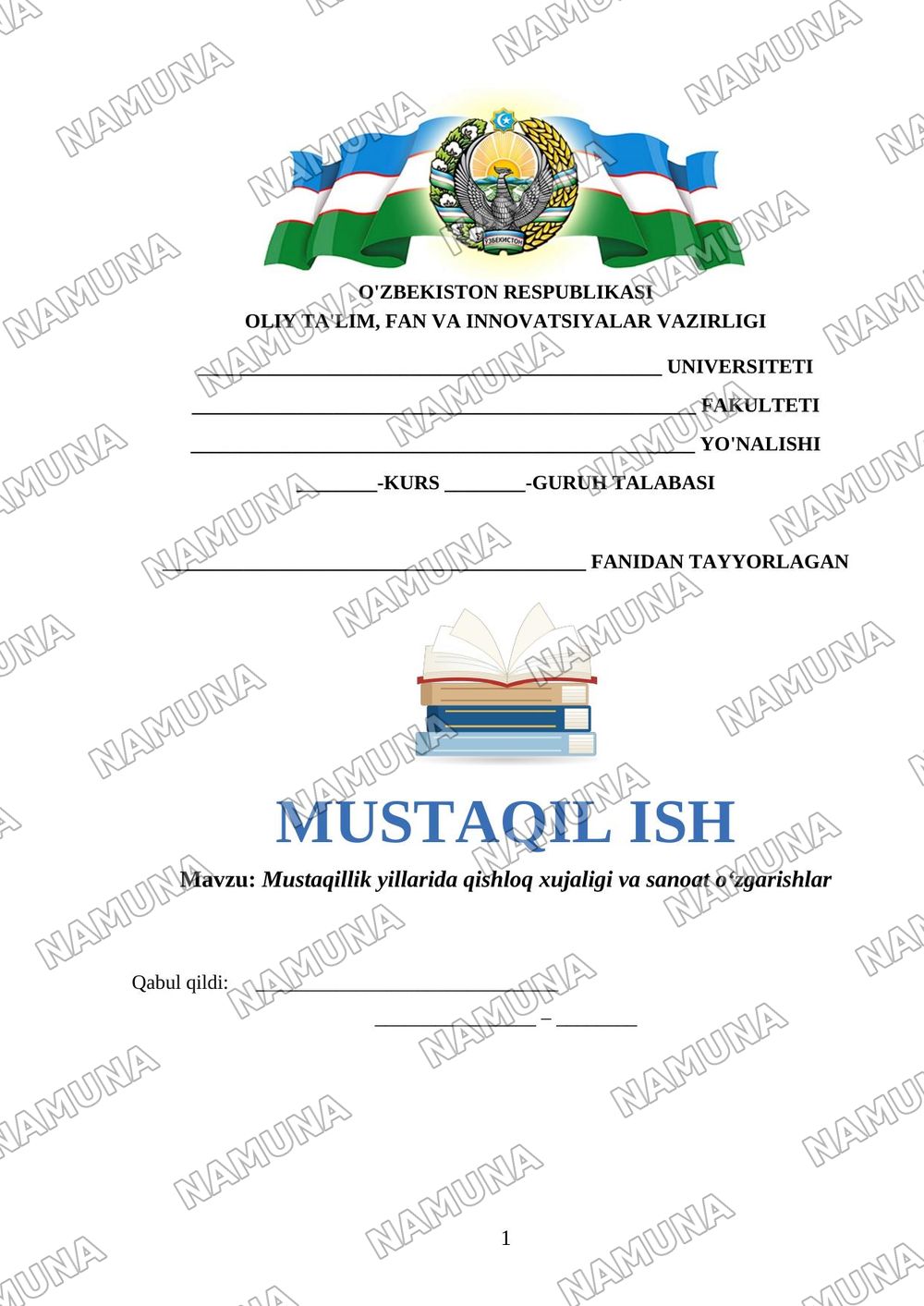 Mustaqillik yillarida qishloq xujaligi va sanoat oʻzgarishlar — mustaqil ish, 1-varaq