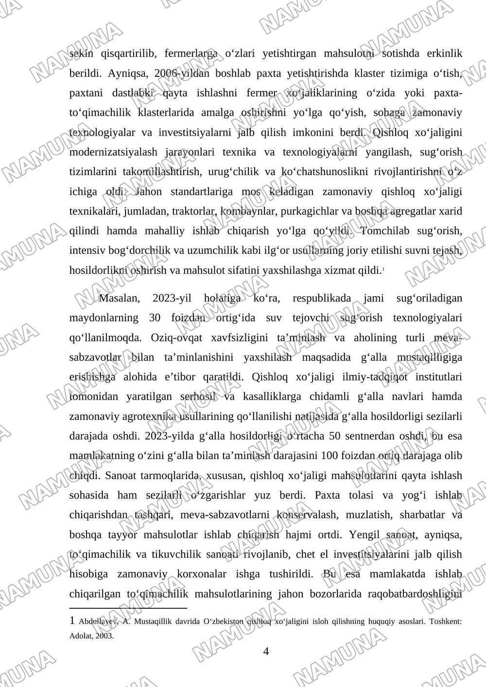 Mustaqillik yillarida qishloq xujaligi va sanoat oʻzgarishlar — mustaqil ish, 4-varaq