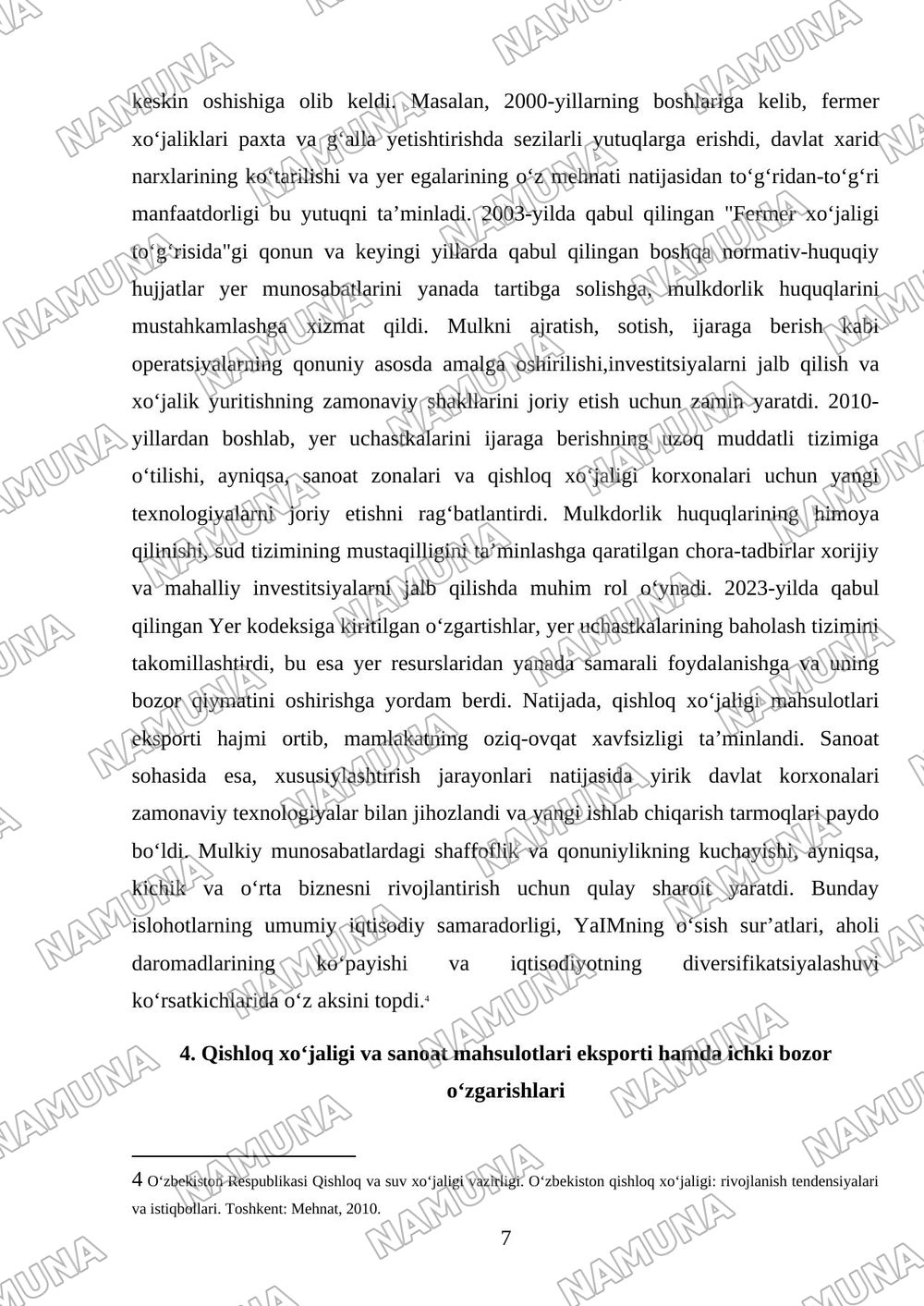 Mustaqillik yillarida qishloq xujaligi va sanoat oʻzgarishlar — mustaqil ish, 7-varaq
