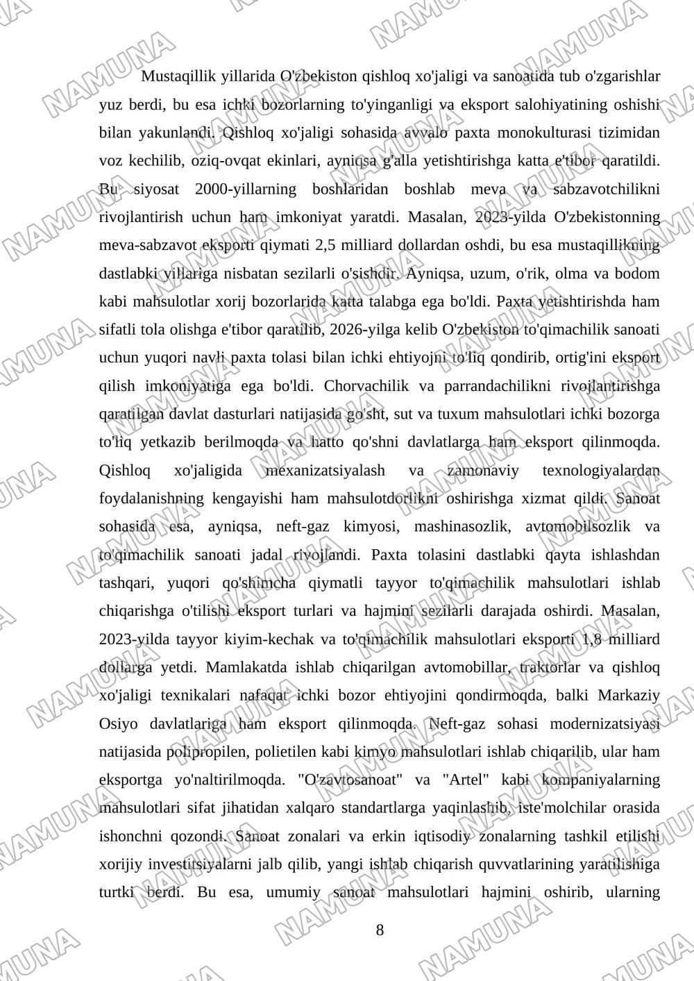 Mustaqillik yillarida qishloq xujaligi va sanoat oʻzgarishlar — mustaqil ish, 8-varaq