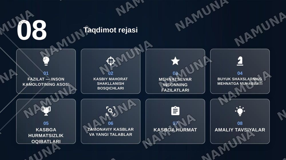Kasbga hurmat huksak fazilat 1 birinchisi Mehnatsevarlik yuksak manaviy fazilat ikinchi bu ikki mavzudan 2 taqdimot bitta joylanishi kerak — zamonaviy taqdimot, 2-slayd