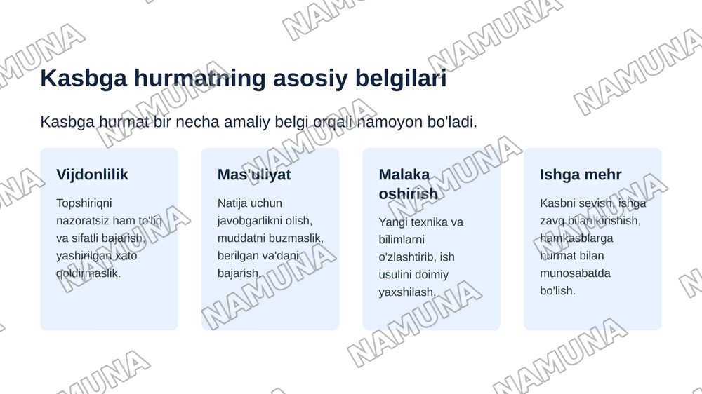 Kasbga hurmat huksak fazilat 1 birinchisi Mehnatsevarlik yuksak manaviy fazilat ikinchi bu ikki mavzudan 2 taqdimot bitta joylanishi kerak — zamonaviy taqdimot, 5-slayd