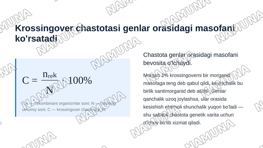 T.G.MORGANNING IRSIYATNING XROMOSOMA NAZARIYASI. GENLARNING BIRIKISH HODISASI, KROSSINGOVER. BELGILARNING JINSGA BIRIKKAN HOLDA IRSIYLANISHI. — zamonaviy taqdimot, 8-slayd