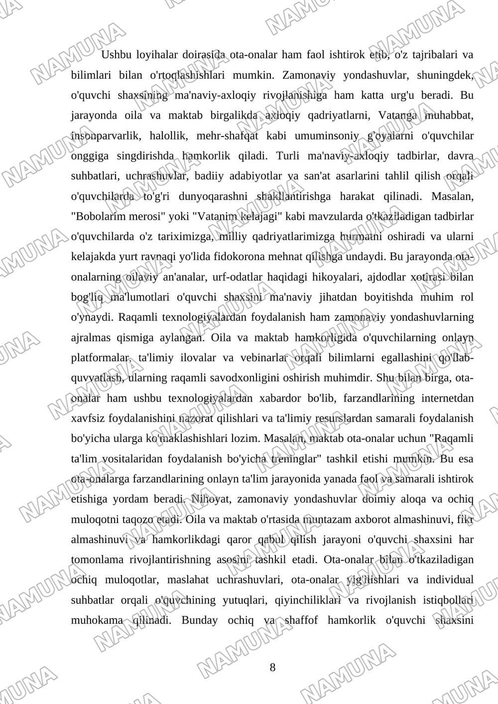 Oila va maktab hamkorligi — mustaqil ish, 8-varaq