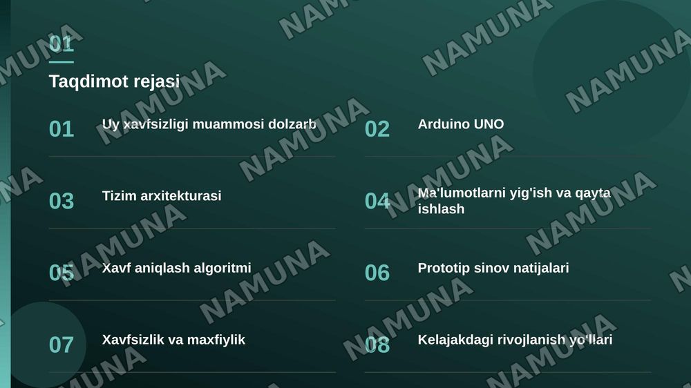 Arduino UNO va multisensor texnologiyasi
asosida aqlli uy xavfsizligini kompleks monitoring
qilish tizimini ishlab chiqish. — zamonaviy taqdimot, 2-slayd