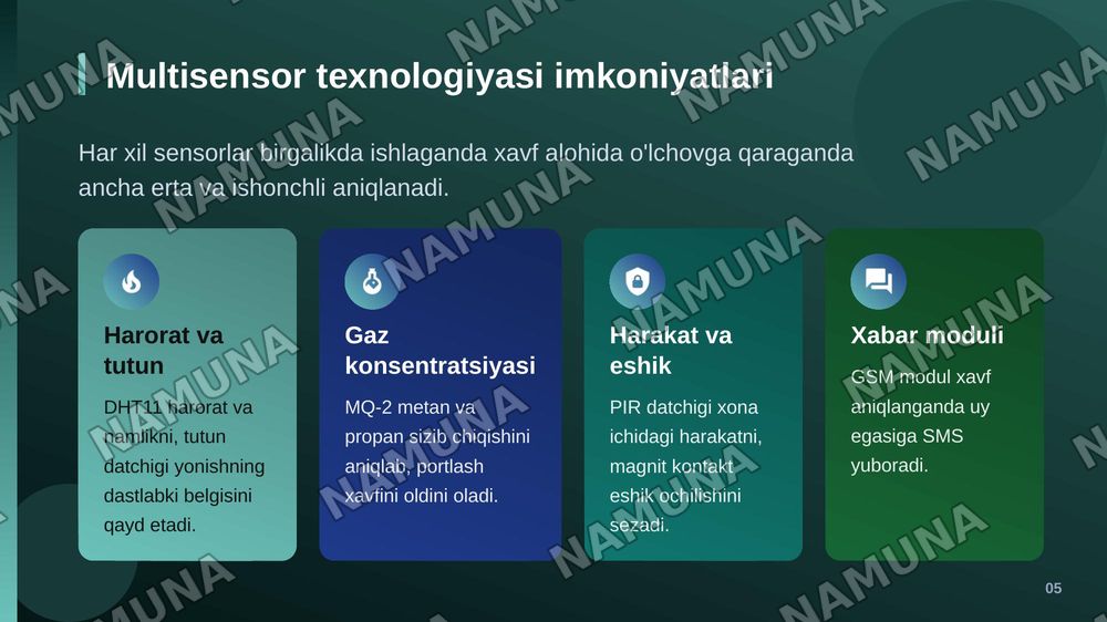 Arduino UNO va multisensor texnologiyasi
asosida aqlli uy xavfsizligini kompleks monitoring
qilish tizimini ishlab chiqish. — zamonaviy taqdimot, 6-slayd