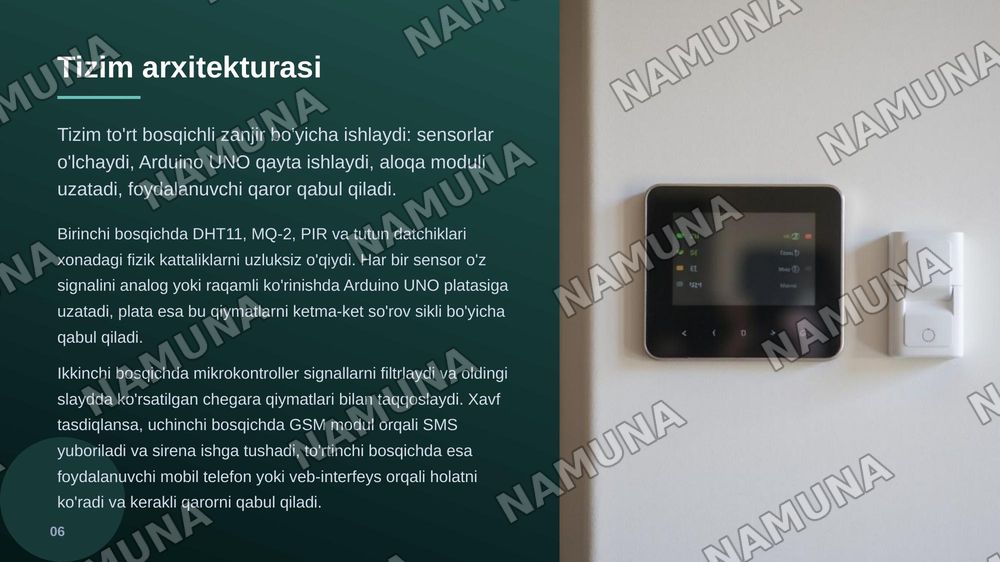 Arduino UNO va multisensor texnologiyasi
asosida aqlli uy xavfsizligini kompleks monitoring
qilish tizimini ishlab chiqish. — zamonaviy taqdimot, 7-slayd