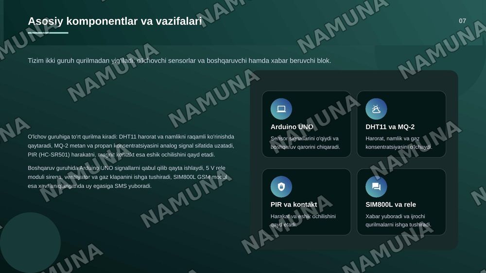 Arduino UNO va multisensor texnologiyasi
asosida aqlli uy xavfsizligini kompleks monitoring
qilish tizimini ishlab chiqish. — zamonaviy taqdimot, 8-slayd
