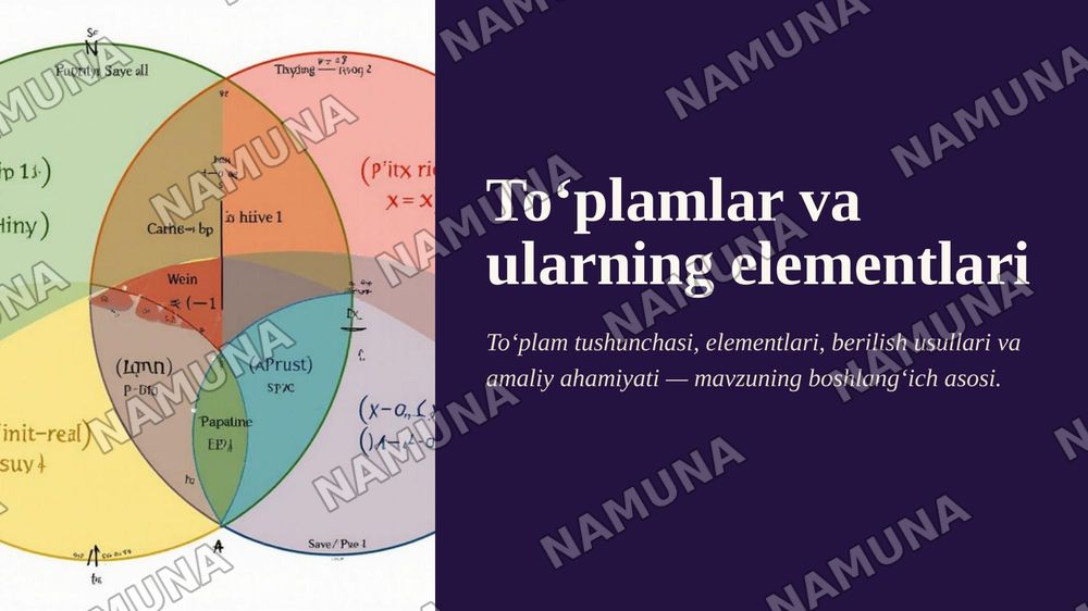 1.1. To‘plamlar va ularning eiementlari.
1.2. To'plamlarning kesishmasi, birlashmasi, ikki to‘plam-
ning ayirmasi, universal to‘plamgacha to‘ldiruvchi to‘plam
1.3. To‘plamlarning dekart ko^paytmasi
1.4. To‘plamlarni o‘zaro kesishmaydigan to‘plam ostilariga
(sinflarga) ajratish tushunchasi
1.5 — zamonaviy taqdimot, 1-slayd