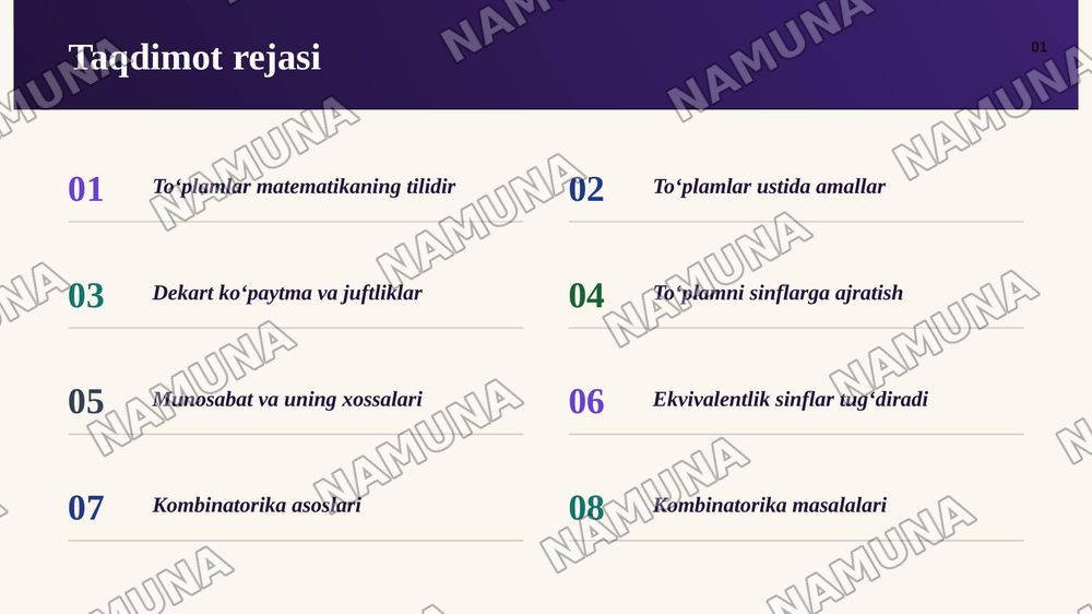 1.1. To‘plamlar va ularning eiementlari.
1.2. To'plamlarning kesishmasi, birlashmasi, ikki to‘plam-
ning ayirmasi, universal to‘plamgacha to‘ldiruvchi to‘plam
1.3. To‘plamlarning dekart ko^paytmasi
1.4. To‘plamlarni o‘zaro kesishmaydigan to‘plam ostilariga
(sinflarga) ajratish tushunchasi
1.5 — zamonaviy taqdimot, 2-slayd