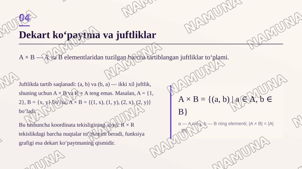 1.1. To‘plamlar va ularning eiementlari.
1.2. To'plamlarning kesishmasi, birlashmasi, ikki to‘plam-
ning ayirmasi, universal to‘plamgacha to‘ldiruvchi to‘plam
1.3. To‘plamlarning dekart ko^paytmasi
1.4. To‘plamlarni o‘zaro kesishmaydigan to‘plam ostilariga
(sinflarga) ajratish tushunchasi
1.5 — zamonaviy taqdimot, 5-slayd