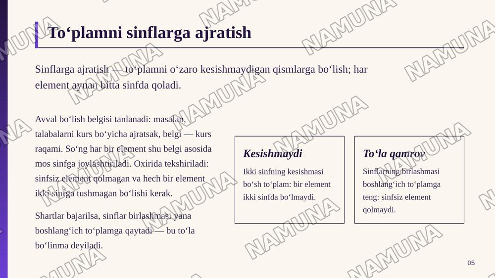 1.1. To‘plamlar va ularning eiementlari.
1.2. To'plamlarning kesishmasi, birlashmasi, ikki to‘plam-
ning ayirmasi, universal to‘plamgacha to‘ldiruvchi to‘plam
1.3. To‘plamlarning dekart ko^paytmasi
1.4. To‘plamlarni o‘zaro kesishmaydigan to‘plam ostilariga
(sinflarga) ajratish tushunchasi
1.5 — zamonaviy taqdimot, 6-slayd