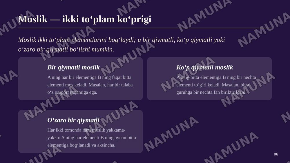 1.1. To‘plamlar va ularning eiementlari.
1.2. To'plamlarning kesishmasi, birlashmasi, ikki to‘plam-
ning ayirmasi, universal to‘plamgacha to‘ldiruvchi to‘plam
1.3. To‘plamlarning dekart ko^paytmasi
1.4. To‘plamlarni o‘zaro kesishmaydigan to‘plam ostilariga
(sinflarga) ajratish tushunchasi
1.5 — zamonaviy taqdimot, 7-slayd