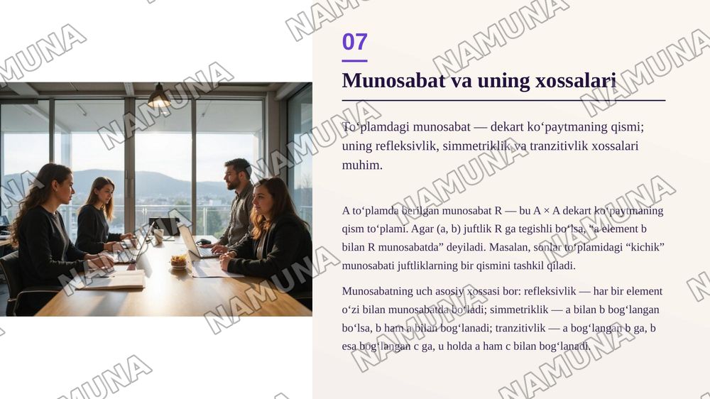 1.1. To‘plamlar va ularning eiementlari.
1.2. To'plamlarning kesishmasi, birlashmasi, ikki to‘plam-
ning ayirmasi, universal to‘plamgacha to‘ldiruvchi to‘plam
1.3. To‘plamlarning dekart ko^paytmasi
1.4. To‘plamlarni o‘zaro kesishmaydigan to‘plam ostilariga
(sinflarga) ajratish tushunchasi
1.5 — zamonaviy taqdimot, 8-slayd
