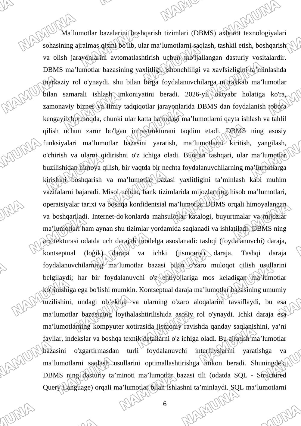 Ma’lumotlar bazalari bilan ishlash texnologiyalari. — mustaqil ish, 6-varaq