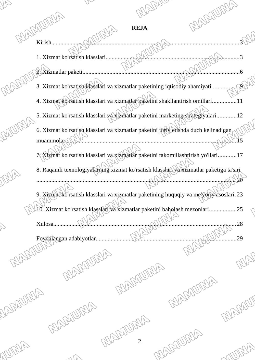 Xizmat korsatish klaslari va xizmatlar paketi — mustaqil ish, 2-varaq