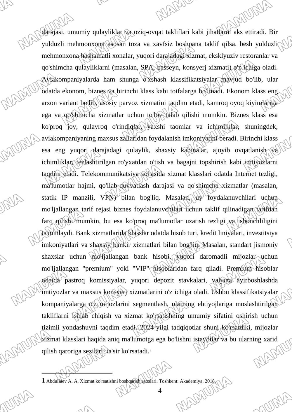 Xizmat korsatish klaslari va xizmatlar paketi — mustaqil ish, 4-varaq