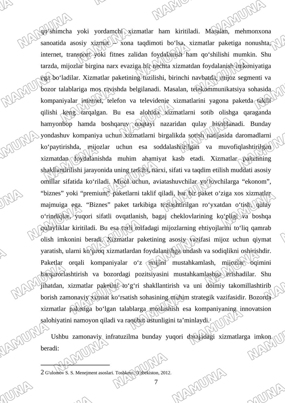 Xizmat korsatish klaslari va xizmatlar paketi — mustaqil ish, 7-varaq
