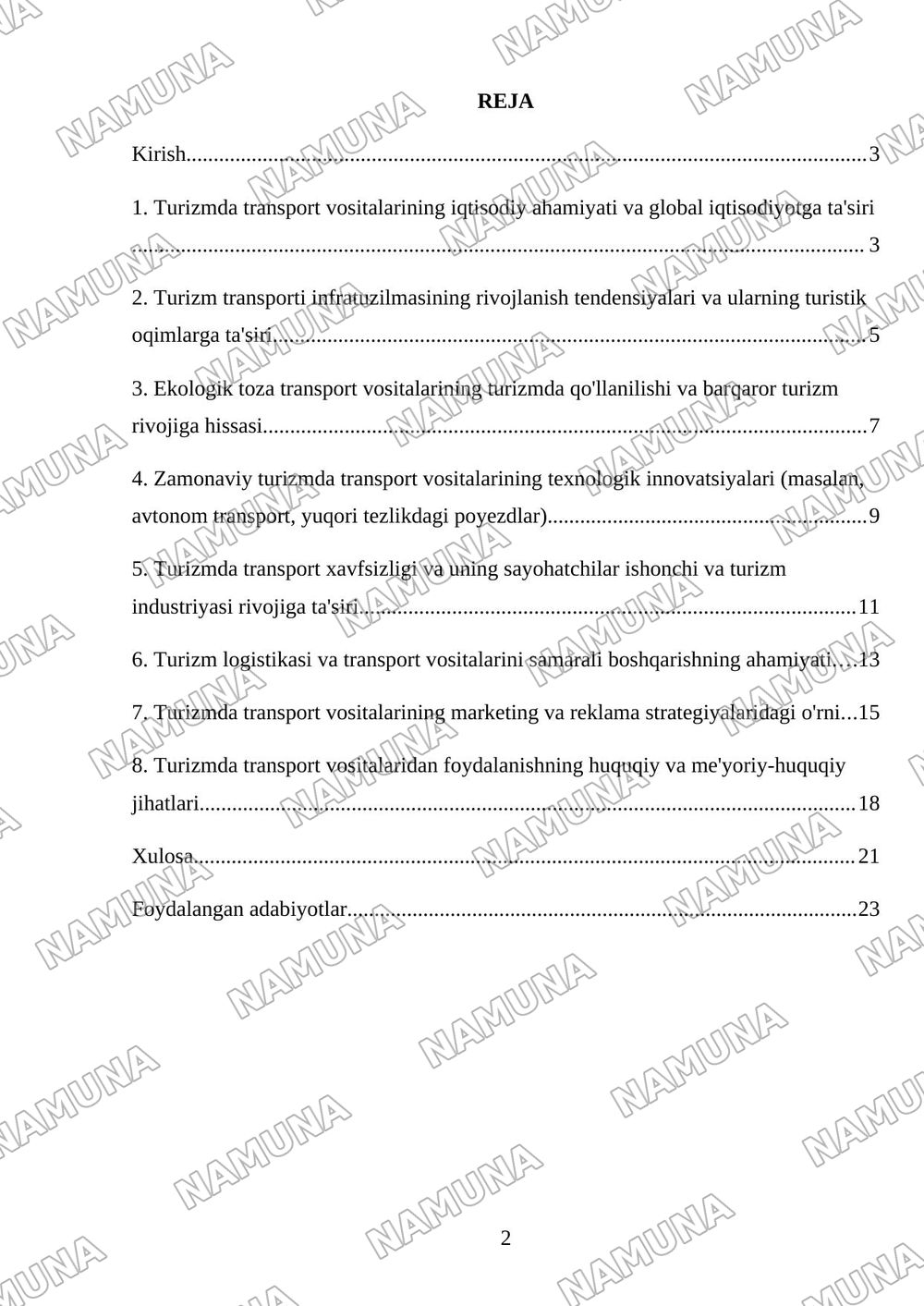 Turizmda transport vositalari — mustaqil ish, 2-varaq