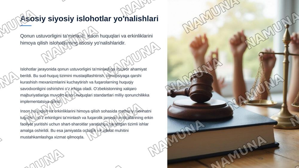 O‘zbekistnda demokraktik fuqarolik jamiyati asoslarning shakllanishi va amalga oshirilgan siyosiy islohotlar — zamonaviy taqdimot, 5-slayd