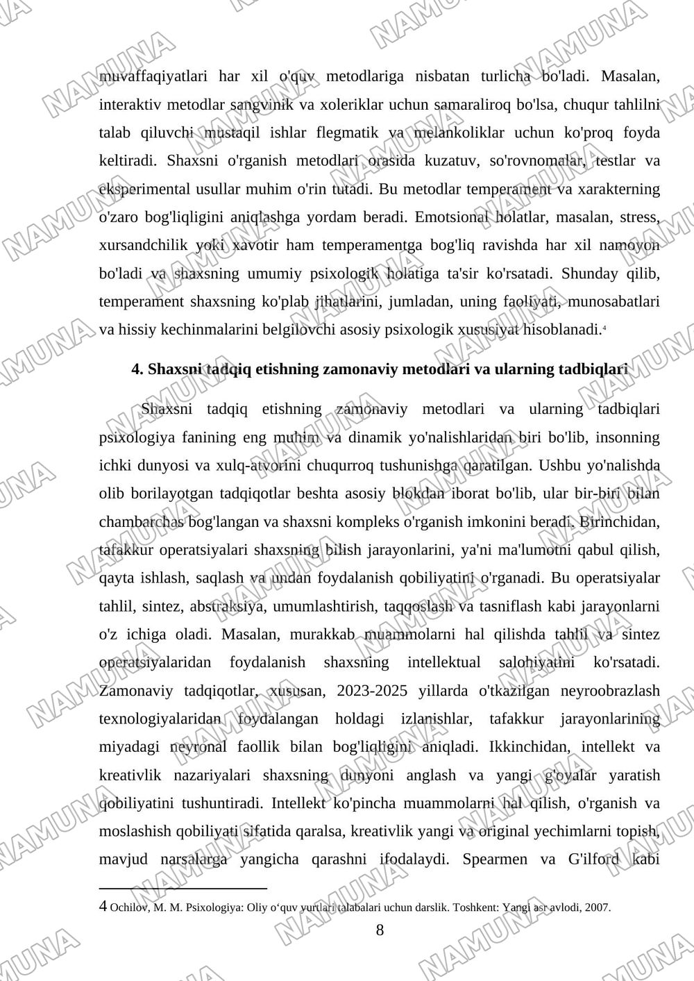 1. Tafakkur operatsiyalari. 2. Intellekt va kreativlik nazariyalari. 3. Temperament va uning nazariyalari. 4.Shaxsni o‘rganish metodlari. 5. Emotsional holatlar. — mustaqil ish, 8-varaq