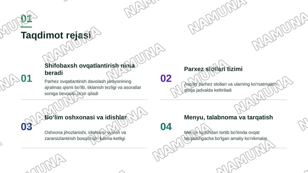 Stasionar sharoitlarda bemorlarni ovqatlantirishni tashkil gilish. Shifobaxsh ovqatlantirish to'g'risida tushuncha, Bo'lim oshxonasi jixozlanishi va idishlarni zararsizlantirish. Menyu tuzish, parxez stollariga talabnoma to`ldirish, bo'limda ovqatlarni tarqatish. Klinik 0'quv amaliyoti: Turli yoshda — zamonaviy taqdimot, 2-slayd