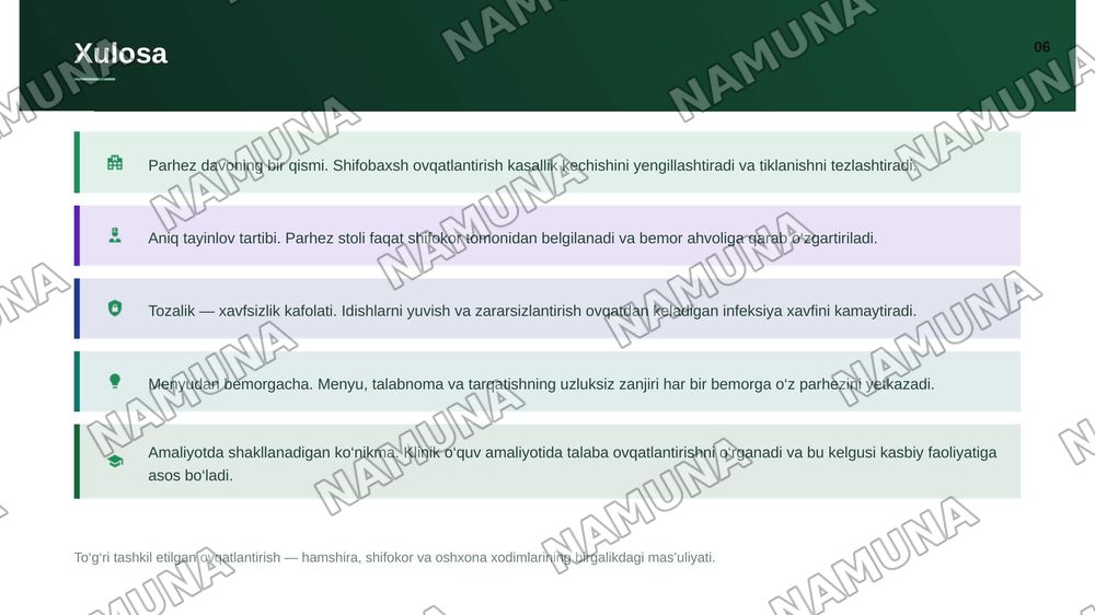 Stasionar sharoitlarda bemorlarni ovqatlantirishni tashkil gilish. Shifobaxsh ovqatlantirish to'g'risida tushuncha, Bo'lim oshxonasi jixozlanishi va idishlarni zararsizlantirish. Menyu tuzish, parxez stollariga talabnoma to`ldirish, bo'limda ovqatlarni tarqatish. Klinik 0'quv amaliyoti: Turli yoshda — zamonaviy taqdimot, 7-slayd