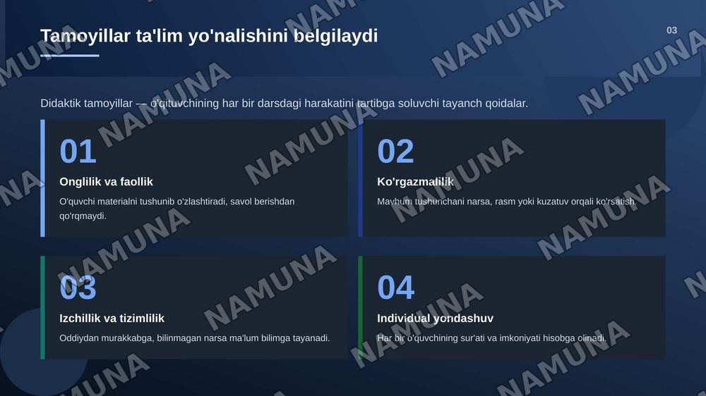 Bowlangich talim didaktikasi. Talim nazariyasi tamoyillari metodlari shakllari va vositalar — zamonaviy taqdimot, 4-slayd