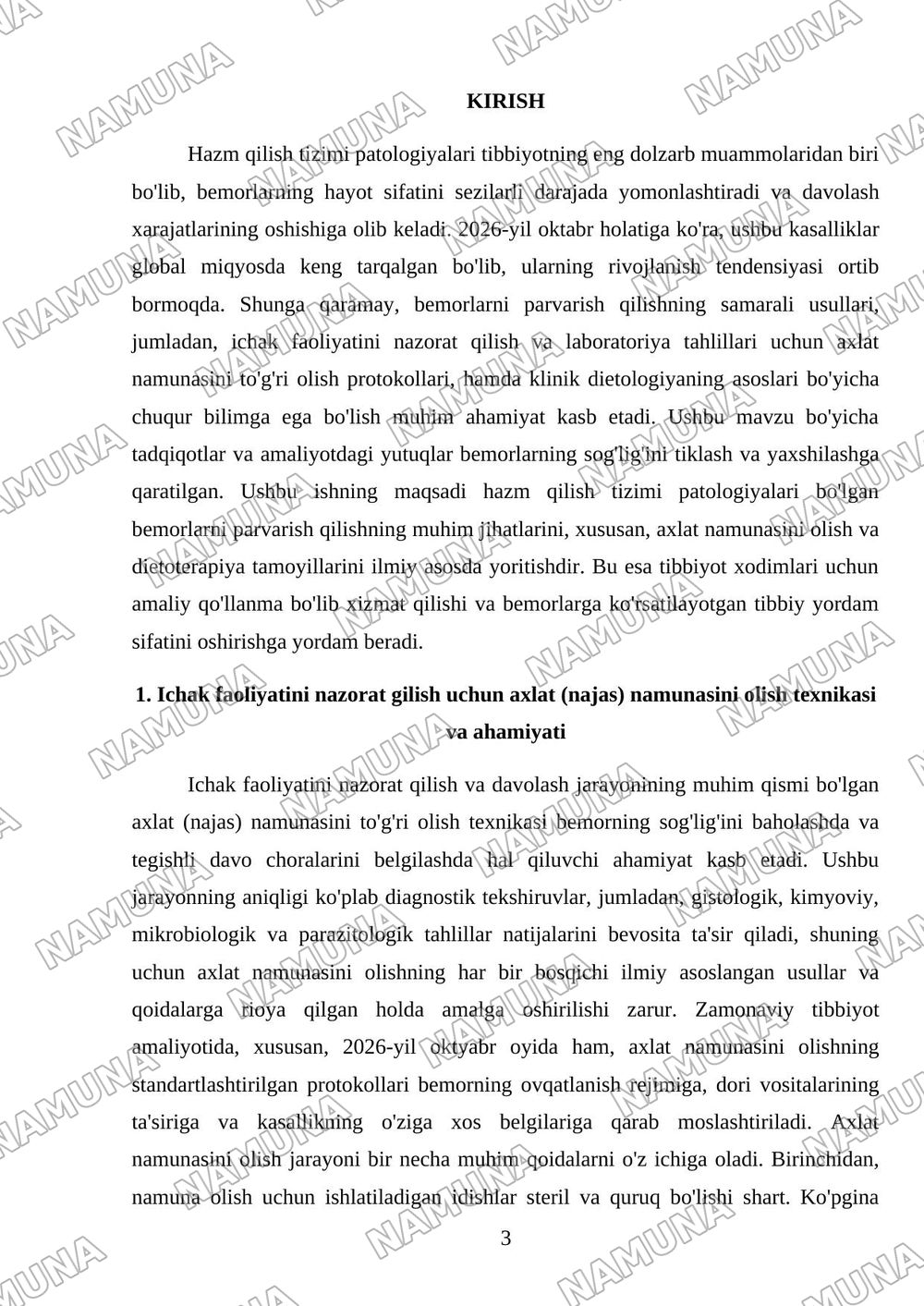 Hazm gilish tizimi patologiyalari bo'lgan bemorlar parvarishi: 6 Ichak faoliyatini nazorat gilish va laboratoriya tahlillari uchun axlat (najas) namunasini olish qoidalari. Klinik dietologiya asoslari — mustaqil ish, 3-varaq