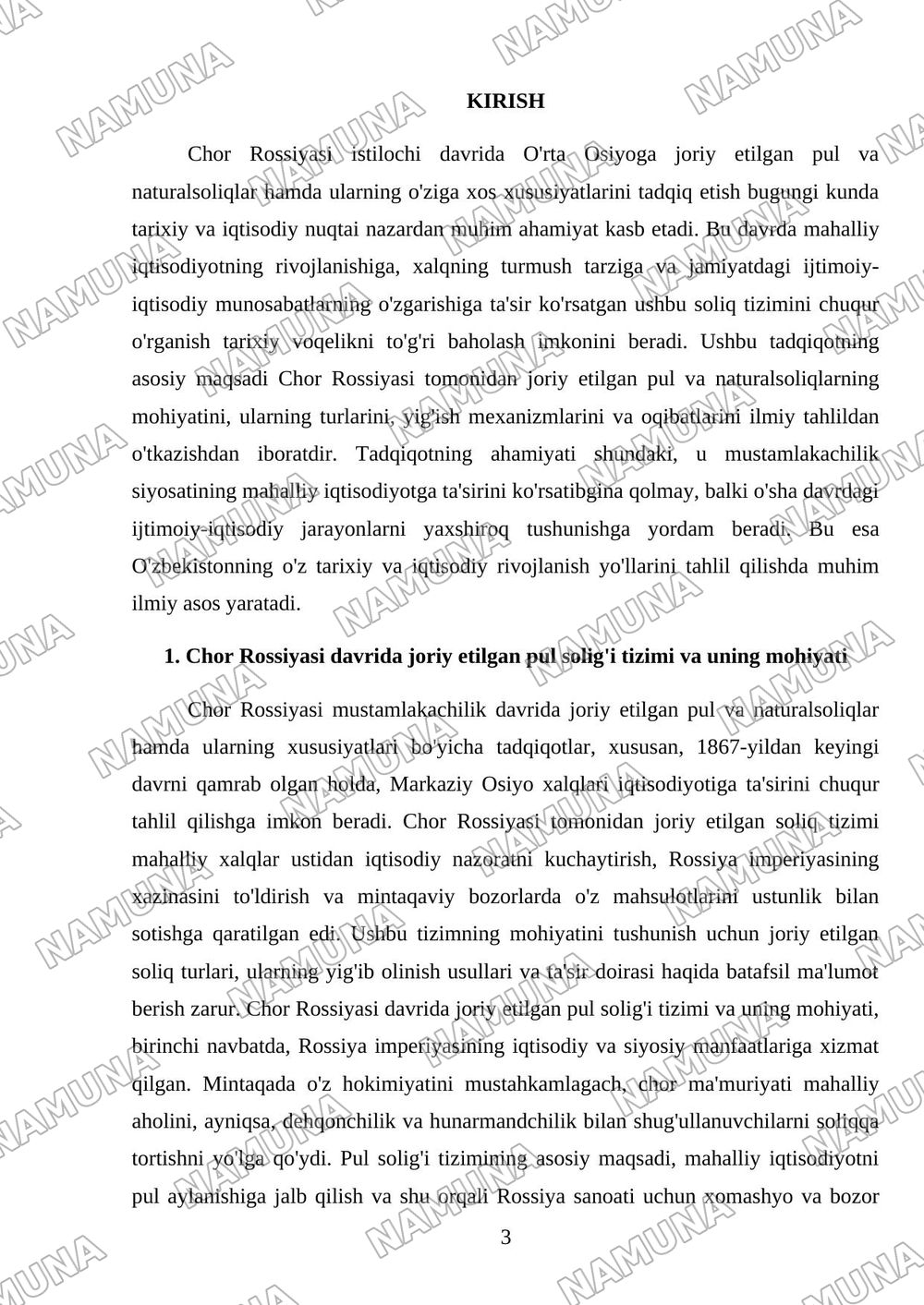 Chor Rossiyasi mustamlakachilikdavrida joriy etilgan pul va naturalsoliqlar hamda ularningxususiyatlar — mustaqil ish, 3-varaq