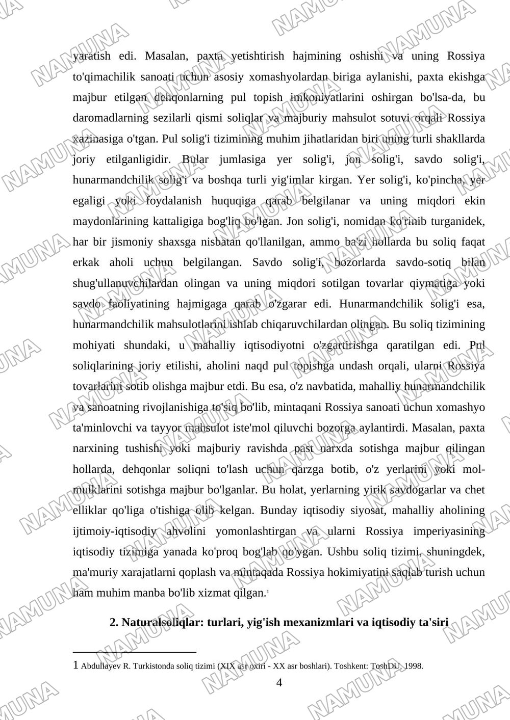 Chor Rossiyasi mustamlakachilikdavrida joriy etilgan pul va naturalsoliqlar hamda ularningxususiyatlar — mustaqil ish, 4-varaq