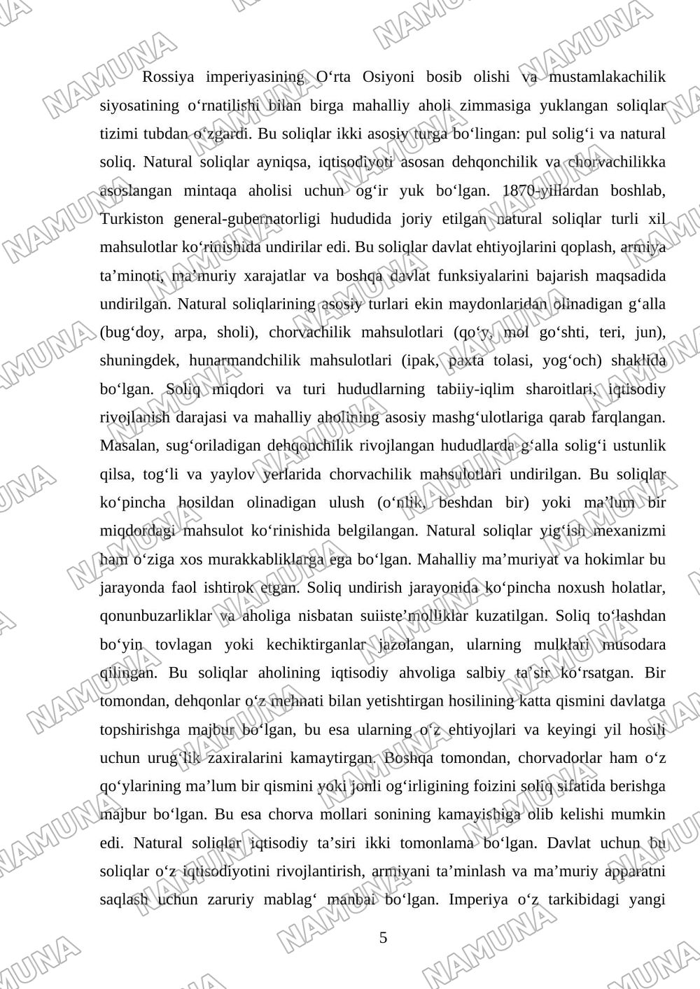 Chor Rossiyasi mustamlakachilikdavrida joriy etilgan pul va naturalsoliqlar hamda ularningxususiyatlar — mustaqil ish, 5-varaq
