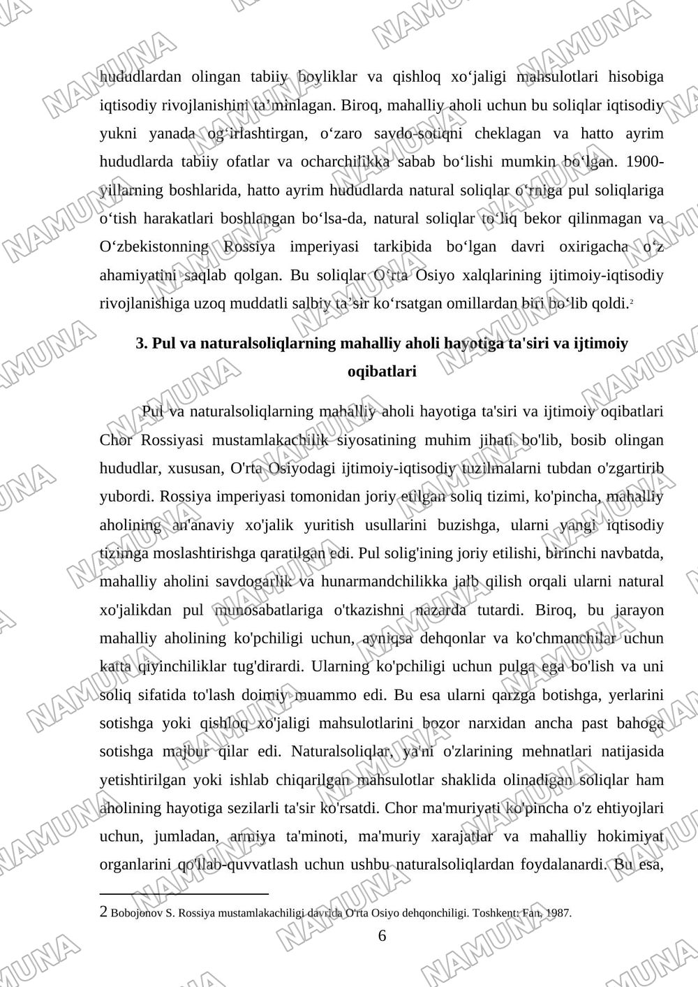Chor Rossiyasi mustamlakachilikdavrida joriy etilgan pul va naturalsoliqlar hamda ularningxususiyatlar — mustaqil ish, 6-varaq