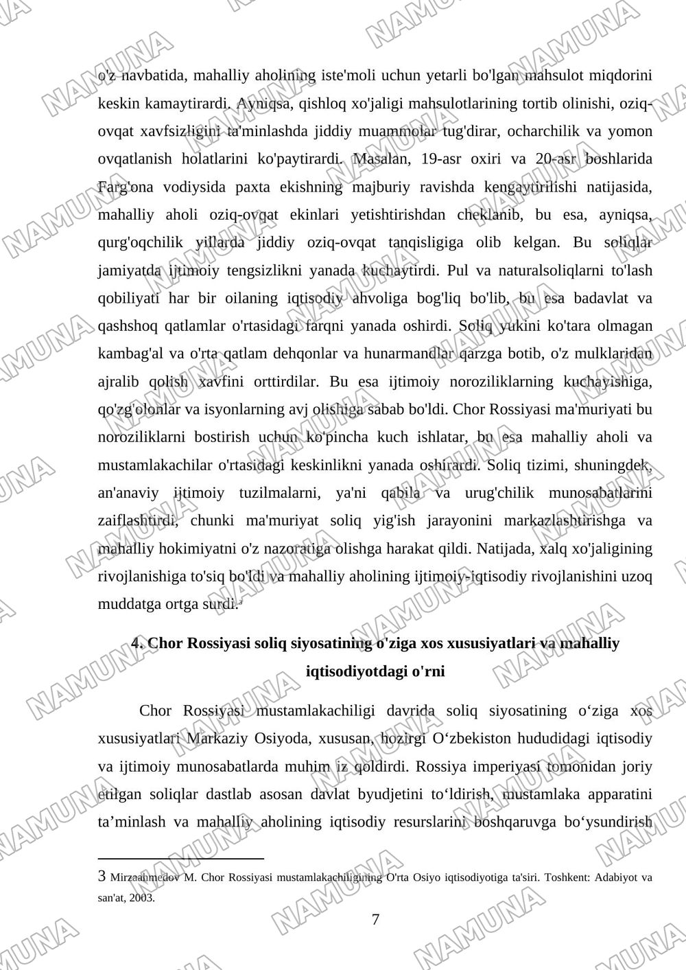Chor Rossiyasi mustamlakachilikdavrida joriy etilgan pul va naturalsoliqlar hamda ularningxususiyatlar — mustaqil ish, 7-varaq
