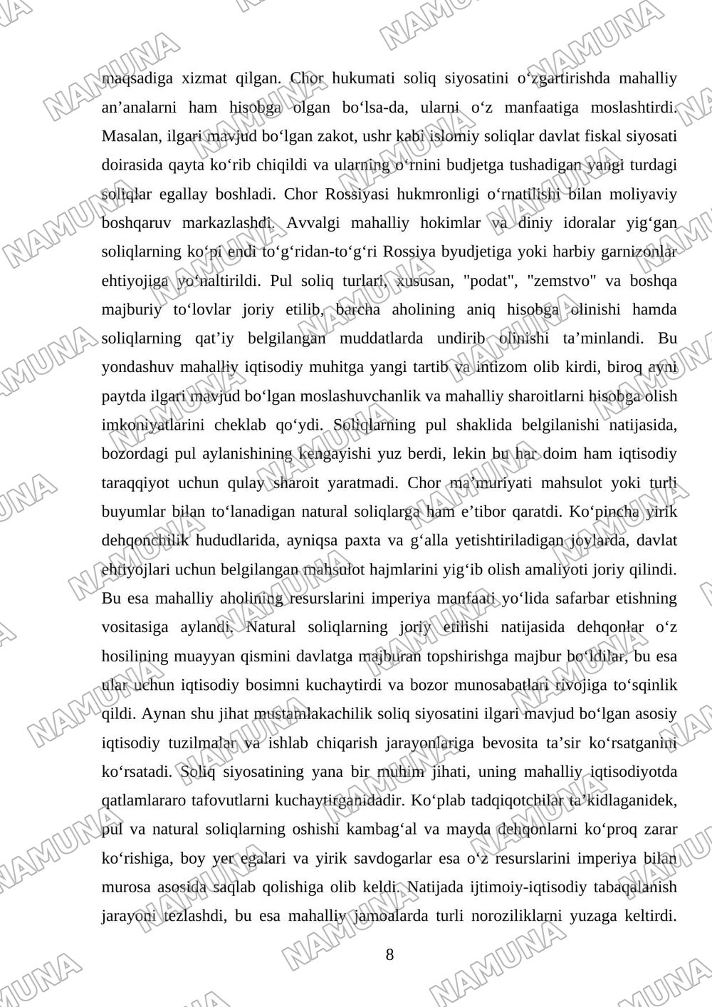 Chor Rossiyasi mustamlakachilikdavrida joriy etilgan pul va naturalsoliqlar hamda ularningxususiyatlar — mustaqil ish, 8-varaq