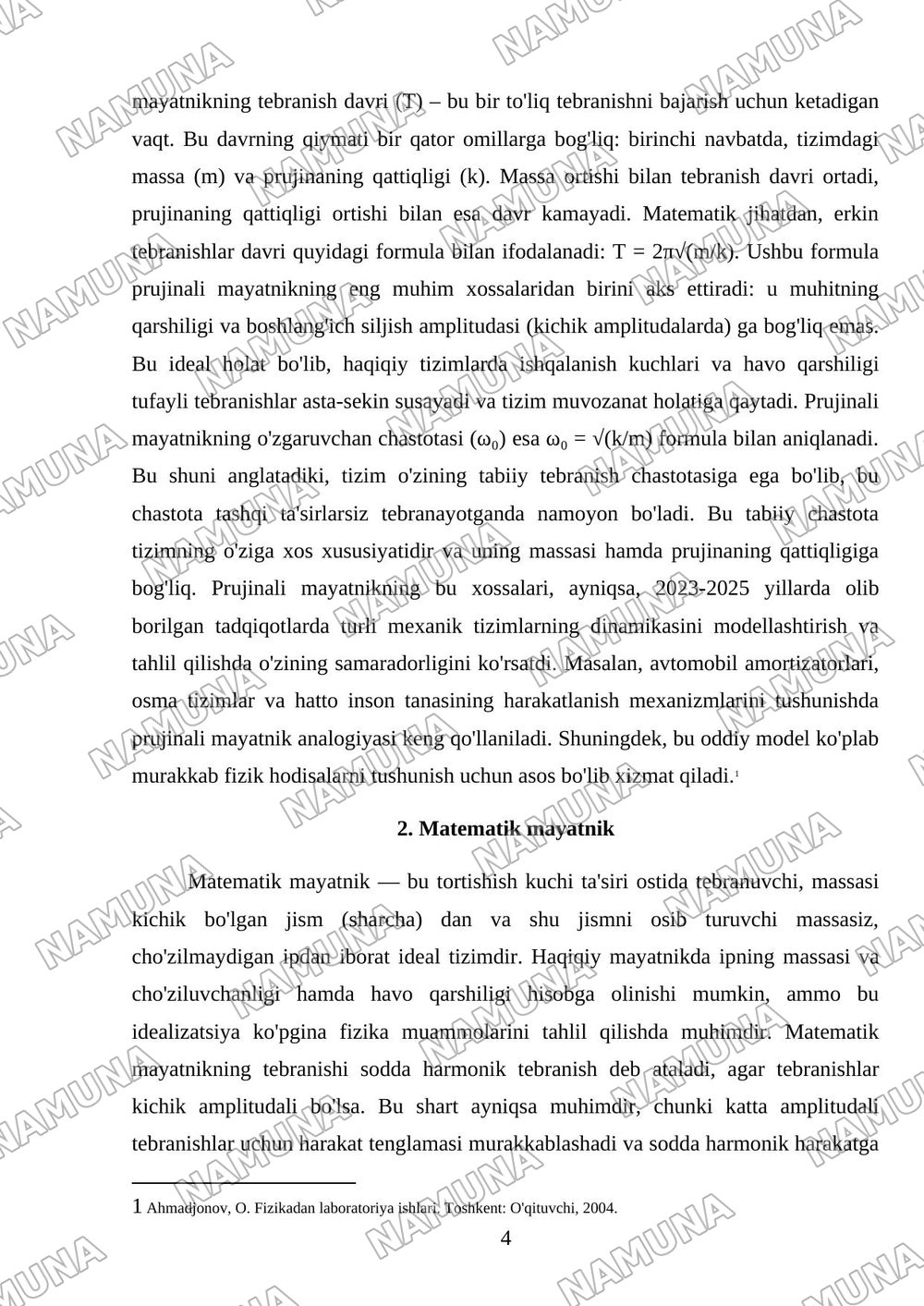 Prujinali va matematik mayatniklar. Majburiy tebranishlar. Texnikada rezonans. — referat, 4-varaq