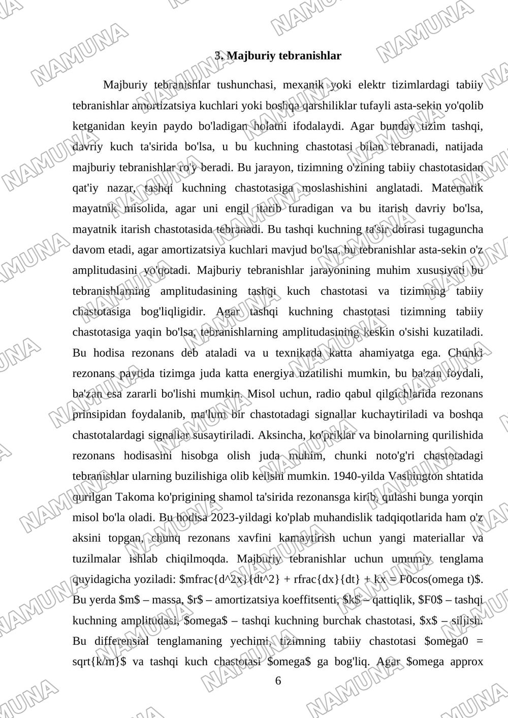 Prujinali va matematik mayatniklar. Majburiy tebranishlar. Texnikada rezonans. — referat, 6-varaq