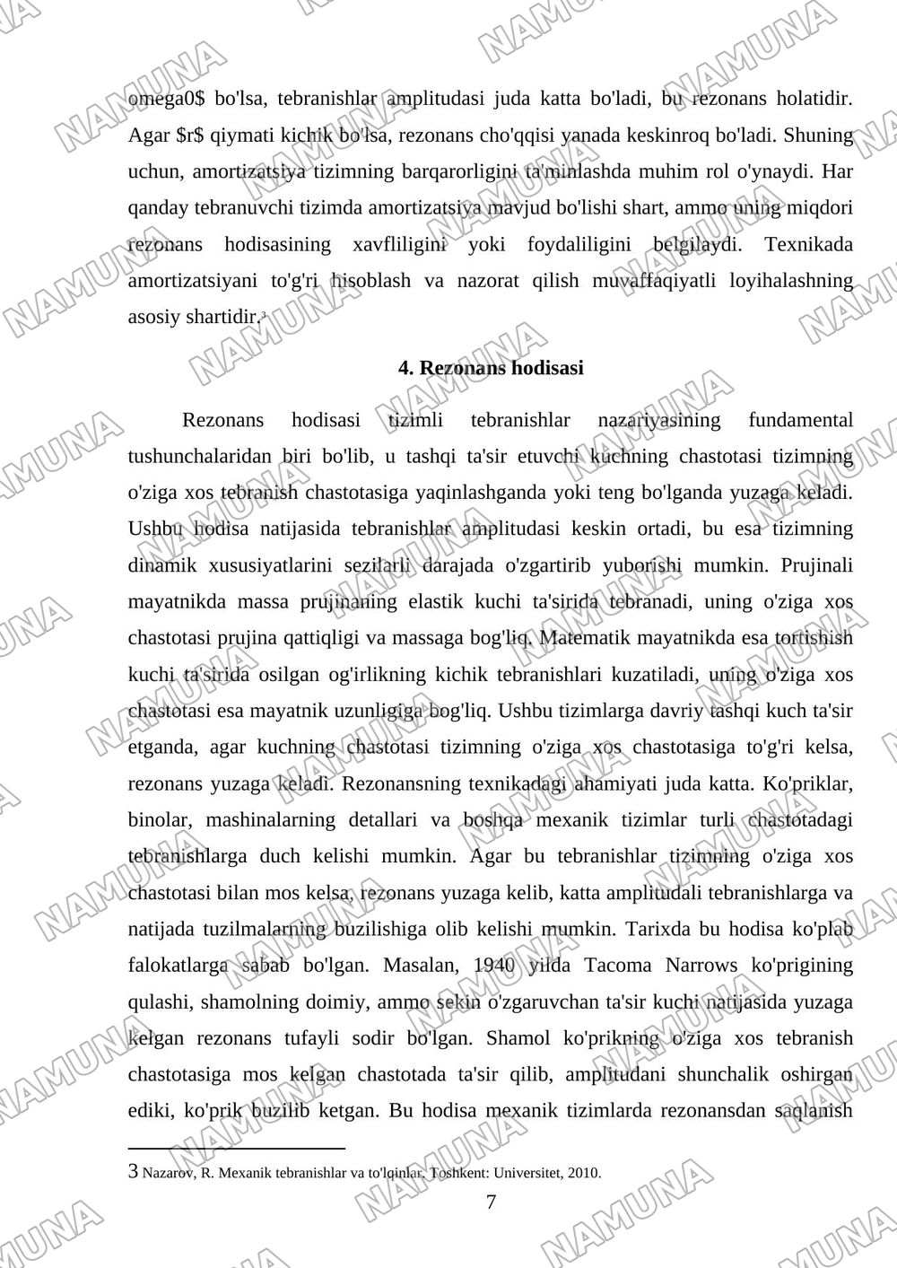 Prujinali va matematik mayatniklar. Majburiy tebranishlar. Texnikada rezonans. — referat, 7-varaq