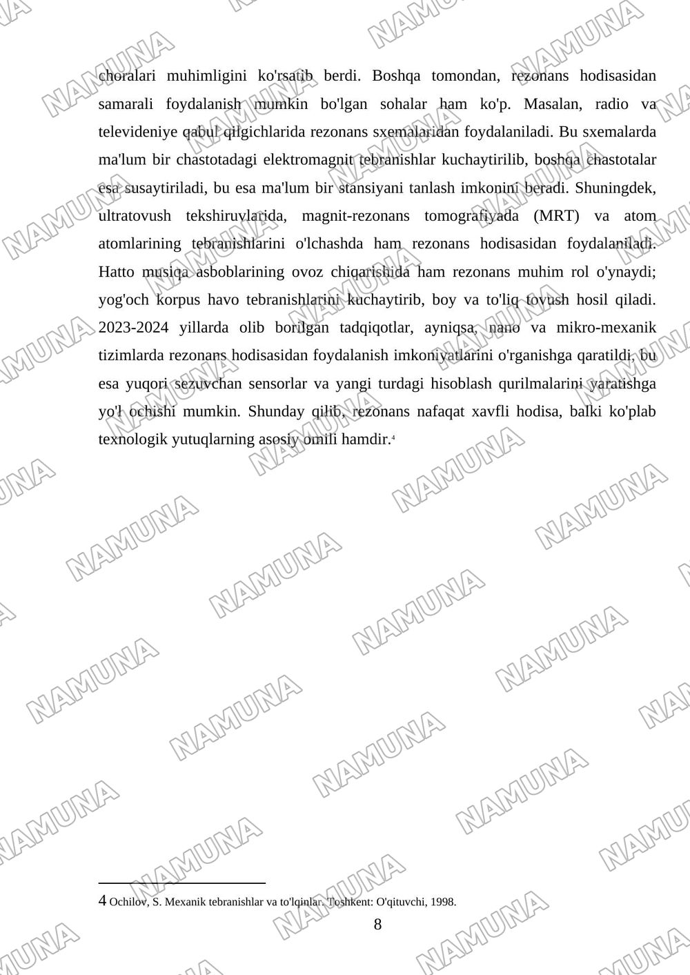 Prujinali va matematik mayatniklar. Majburiy tebranishlar. Texnikada rezonans. — referat, 8-varaq