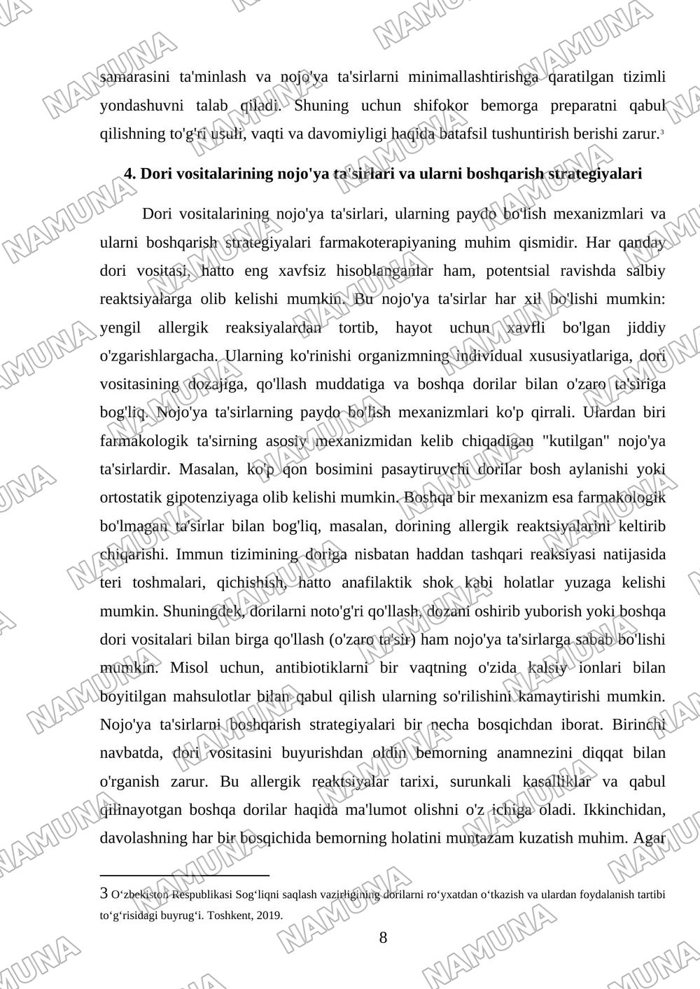 Dori vositalari va ulardan foydalanish usullari. Dori vositalarining shakli, saqlash shartlari. Davolash rejimi, yuborish usullari. Eng keng tarqalgan nojo'ya tasvirlar va asoratlar — mustaqil ish, 8-varaq