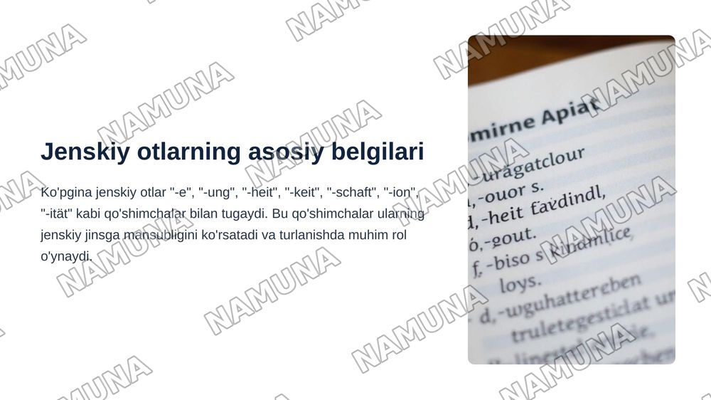DIE WEIBLICHE DEKLINATION
DER SUBSTANTIVE.
(OTLARNING JENSKIY TURLANISHI) — zamonaviy taqdimot, 4-slayd