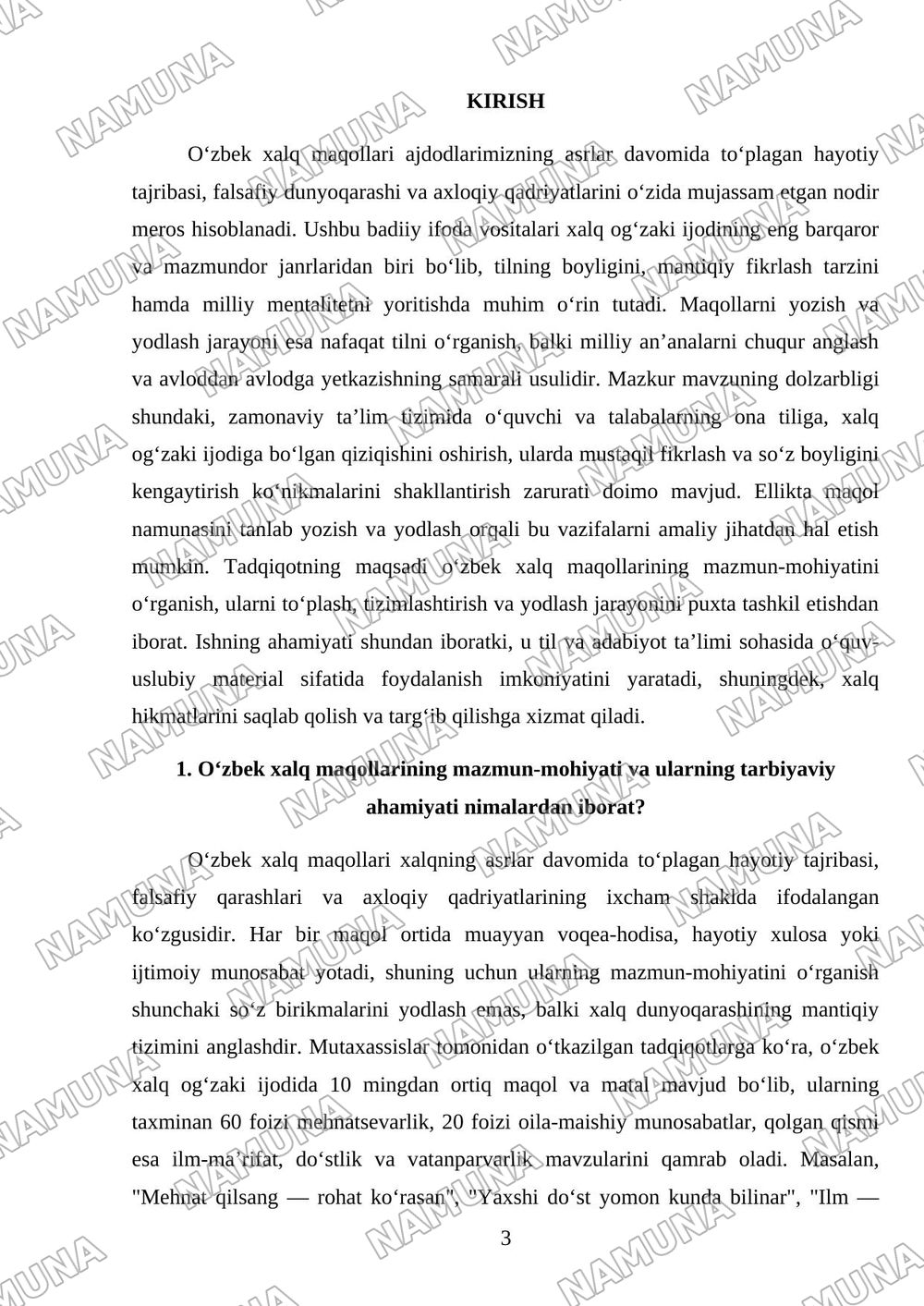 Oʻzbek xalq maqollaridan namunalar yozish va yodlash(50ta namuna) — mustaqil ish, 3-varaq