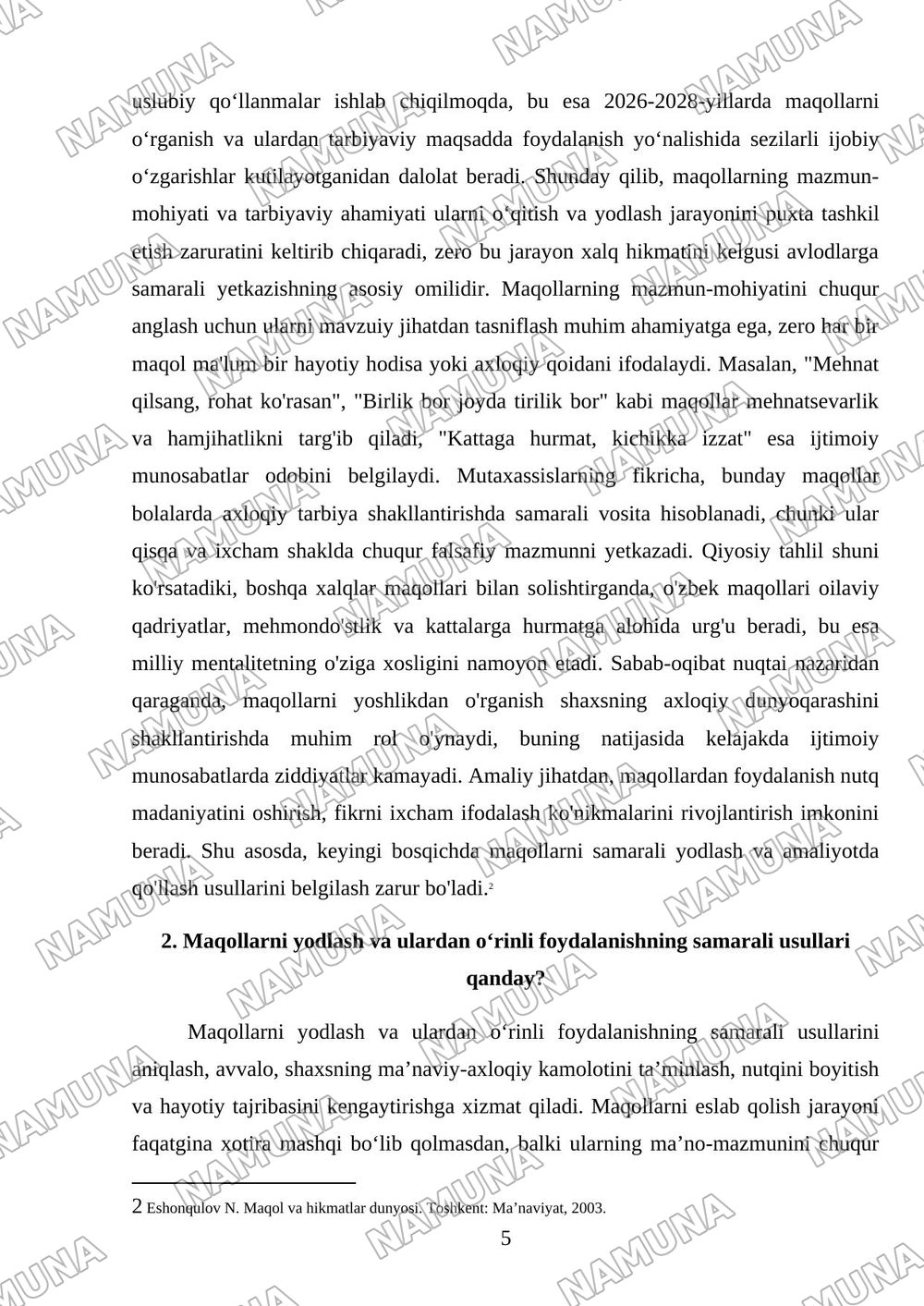 Oʻzbek xalq maqollaridan namunalar yozish va yodlash(50ta namuna) — mustaqil ish, 5-varaq