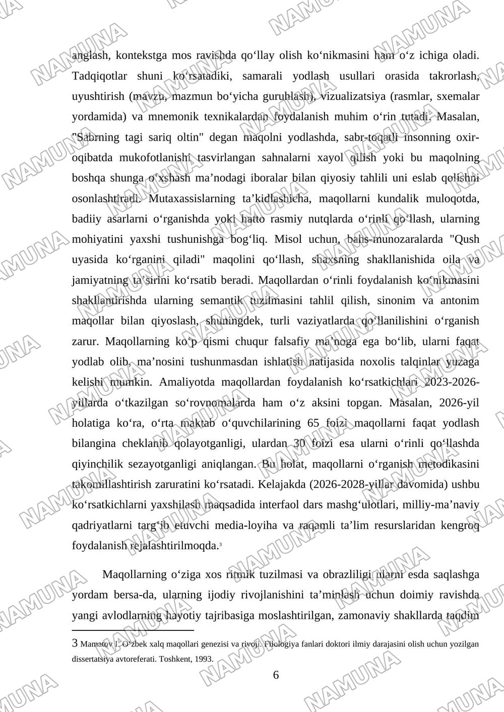 Oʻzbek xalq maqollaridan namunalar yozish va yodlash(50ta namuna) — mustaqil ish, 6-varaq