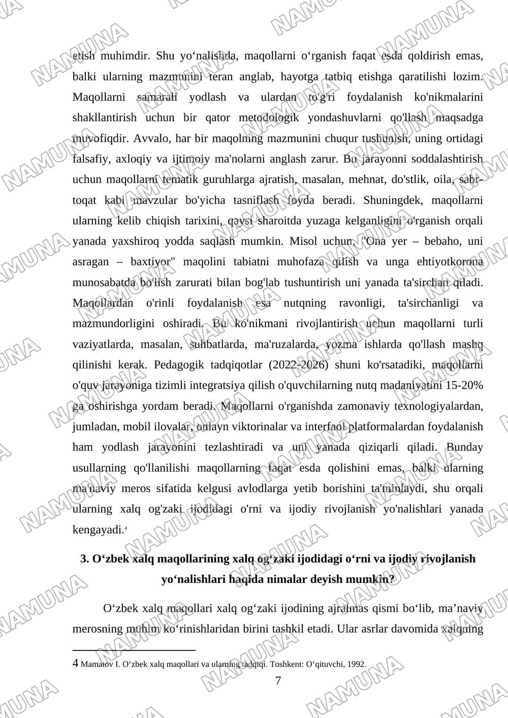 Oʻzbek xalq maqollaridan namunalar yozish va yodlash(50ta namuna) — mustaqil ish, 7-varaq