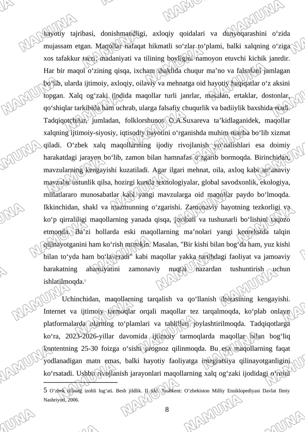 Oʻzbek xalq maqollaridan namunalar yozish va yodlash(50ta namuna) — mustaqil ish, 8-varaq