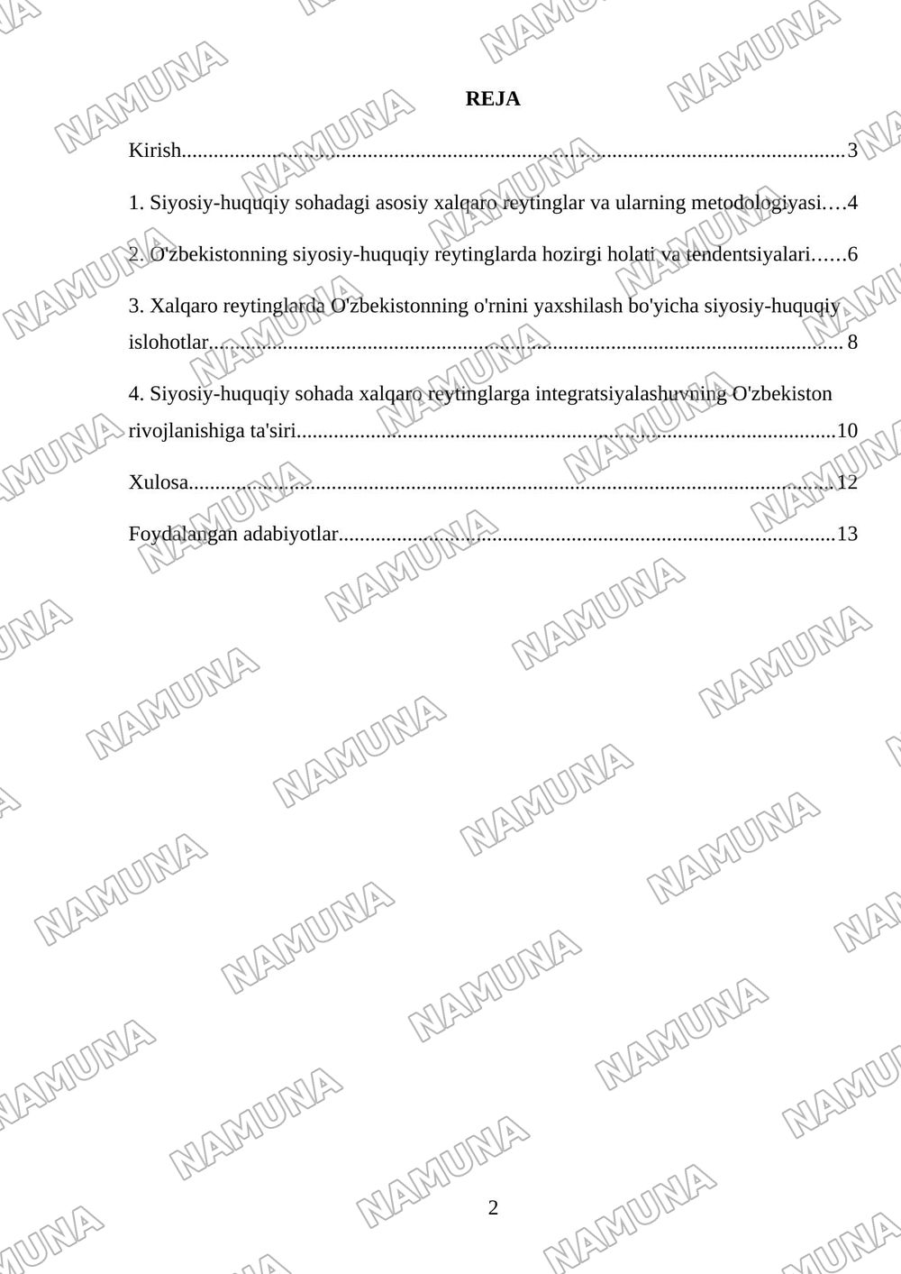 12 Siyosiy-huquqiy sohadagi ustuvor halqaro reytinglar va ulargaO'zbekistonning integratsiyalashuvi. — mustaqil ish, 2-varaq