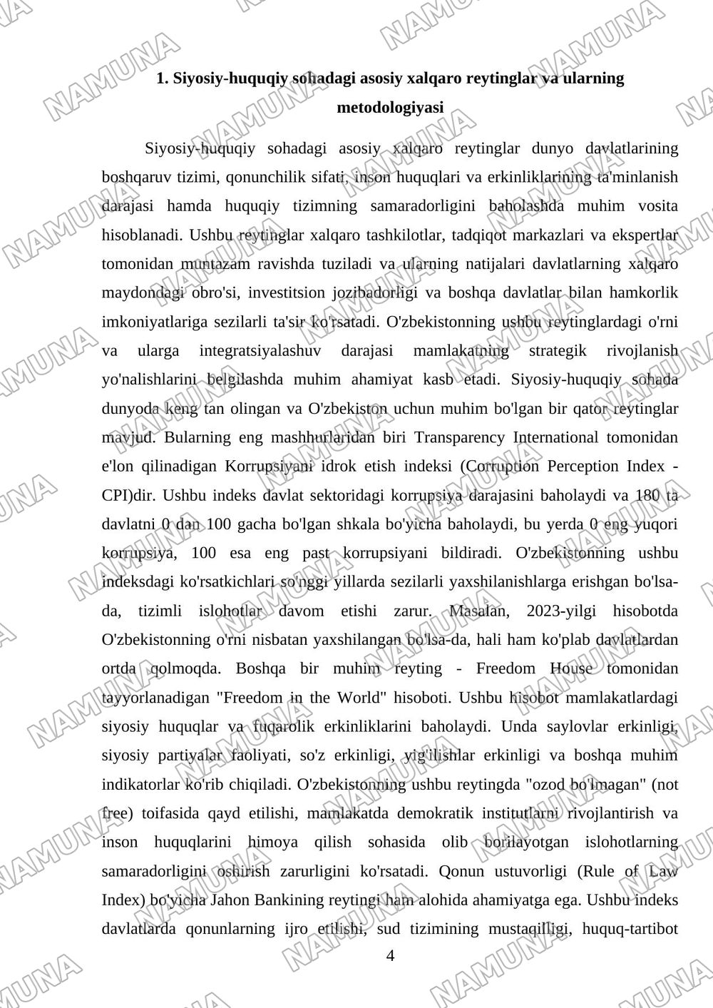 12 Siyosiy-huquqiy sohadagi ustuvor halqaro reytinglar va ulargaO'zbekistonning integratsiyalashuvi. — mustaqil ish, 4-varaq