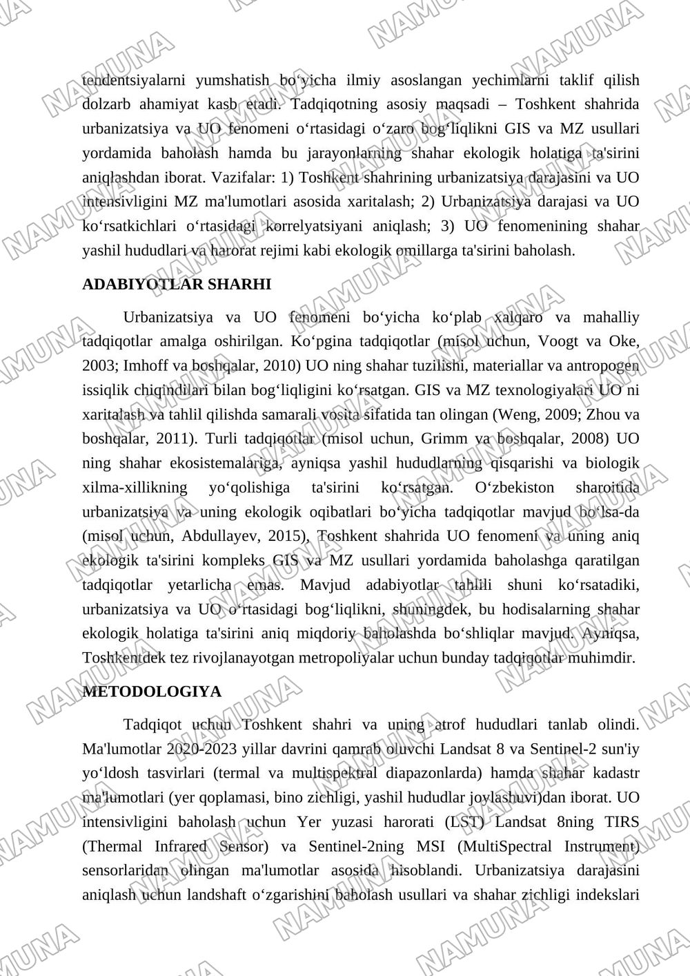1.Toshkent shahrida urbanization va issiqlik oroli fenomenining ekologik holatga ta'sirini GIS va masofadan zondlas usuli asosida baxolash — maqola, 2-varaq
