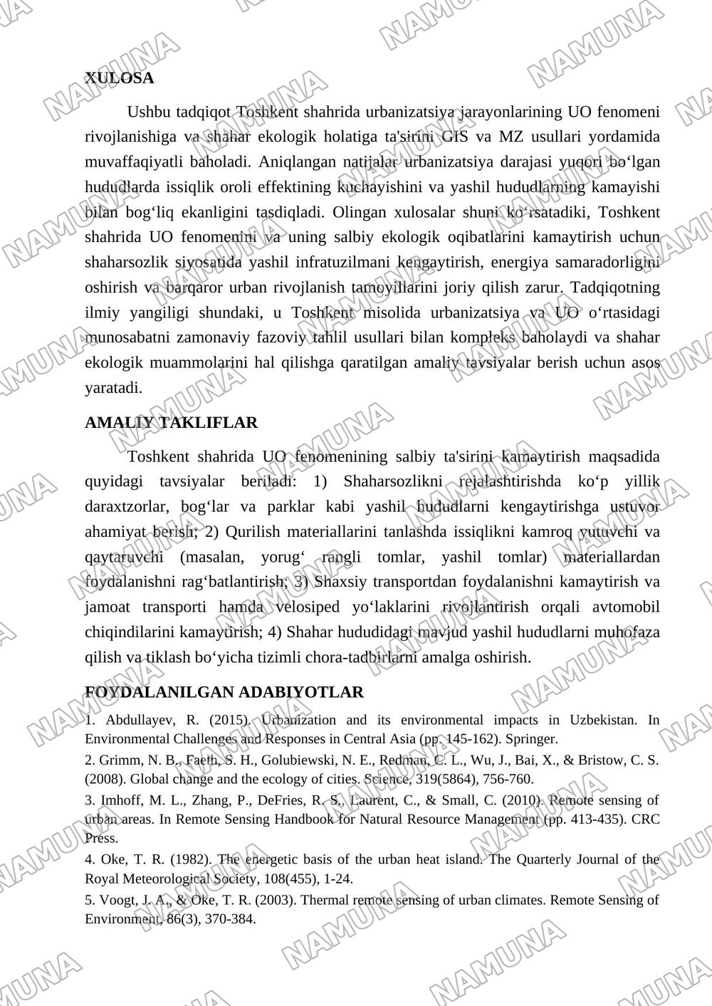 1.Toshkent shahrida urbanization va issiqlik oroli fenomenining ekologik holatga ta'sirini GIS va masofadan zondlas usuli asosida baxolash — maqola, 4-varaq